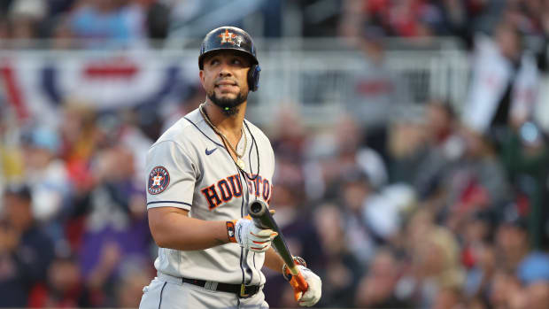 Oct 11, 2023; Minneapolis, Minnesota, USA; Houston Astros first baseman Jose Abreu (79) reacts after hitting a fly ball for an out in the second inning against the Minnesota Twins during game four of the ALDS for the 2023 MLB playoffs at Target Field. Mandatory Credit: Jesse Johnson-USA TODAY Sports